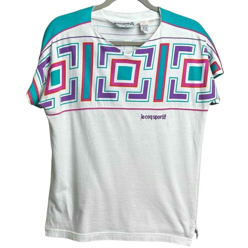 Vintage Le Coq Sportif Size Medium Geometric 80s T Shirt Top Tennis Athletic